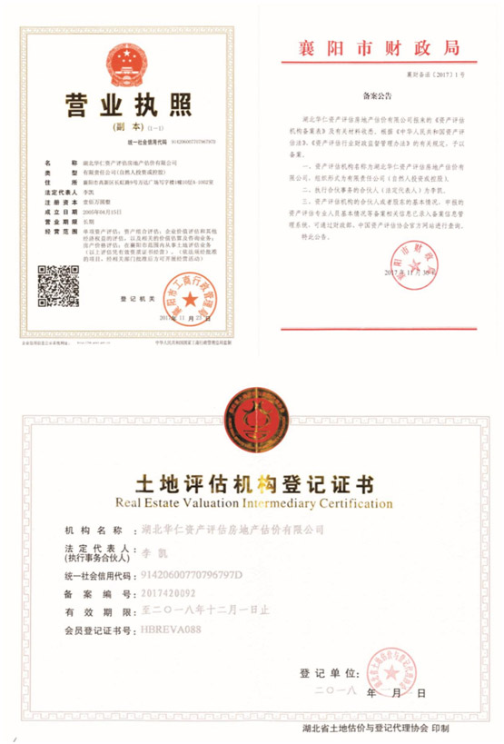 華仁資產(chǎn)評(píng)估房地產(chǎn)估價(jià)有限公司營(yíng)業(yè)執(zhí)照、資產(chǎn)評(píng)估備案公告、土地評(píng)估機(jī)構(gòu)登記證書.jpg